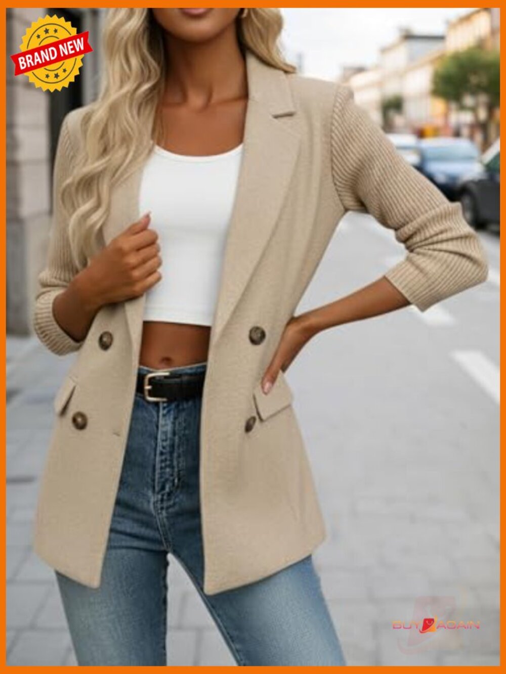 Double-Breasted Knit Sleeve Blazer - Business Casual Work Jacket with Pockets - Picture 3 of 6